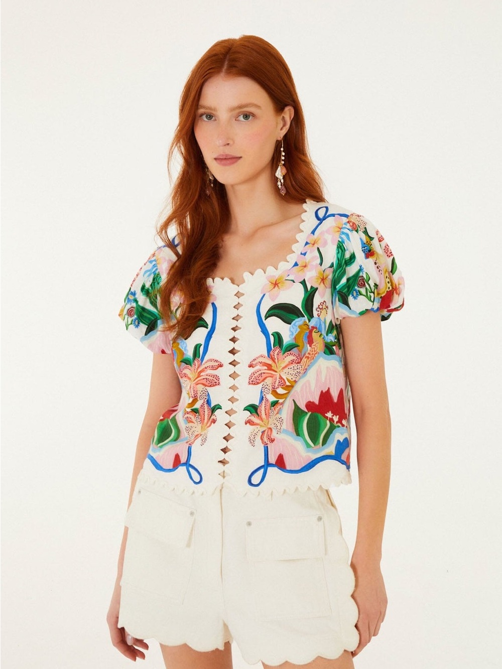 Farm Rio Off-White Garden Of Life Scarf Scalloped Blouse